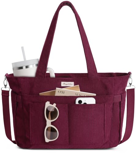Bagstellar Corduroy Tote Bag for Women, 17 Pockets Laptop Work Tote Bag Lightweight Teacher Nurse Bible Bag for School Travel