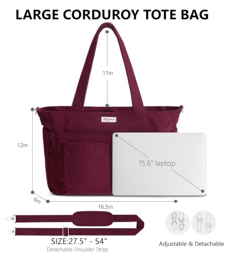 Bagstellar Corduroy Tote Bag for Women, 17 Pockets Laptop Work Tote Bag Lightweight Teacher Nurse Bible Bag for School Travel