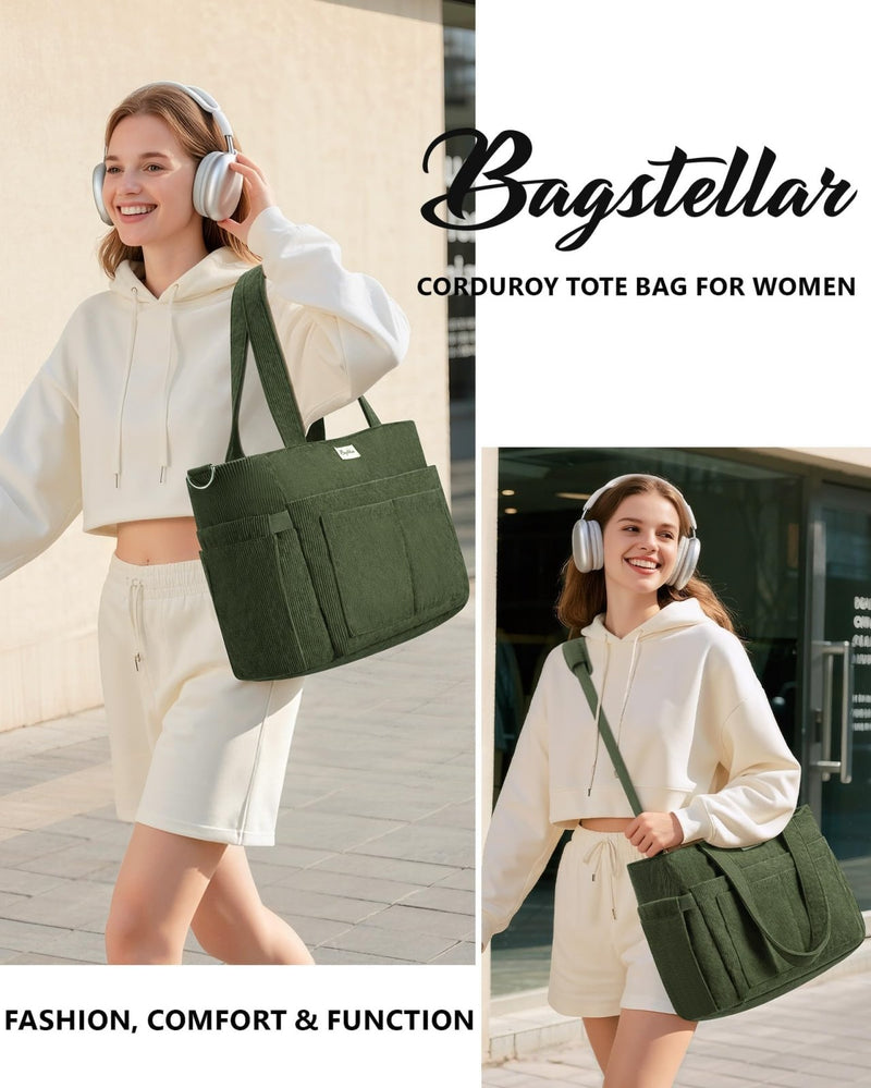 Bagstellar Corduroy Tote Bag for Women, 17 Pockets Laptop Work Tote Bag Lightweight Teacher Nurse Bible Bag for School Travel