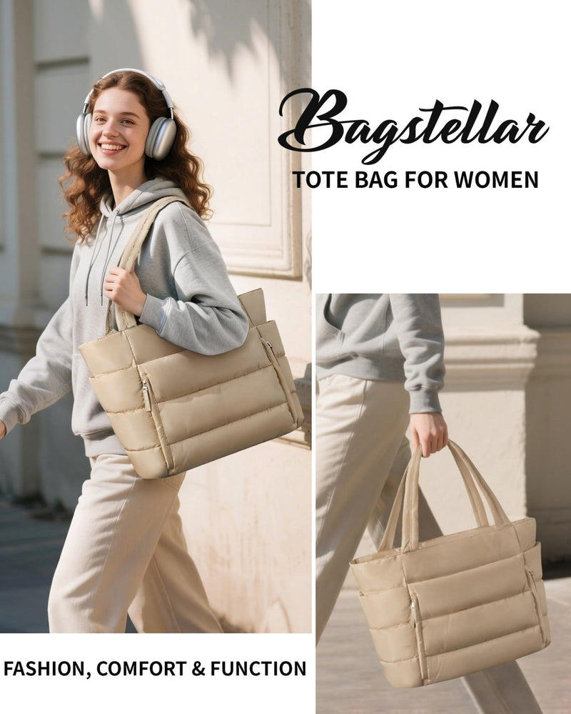 Bagstellar Puffer Tote Bag for Women, Lightweight Puffy Work Handbag Teacher Nurse Quilted Shoulder Bag for School Travel Gym
