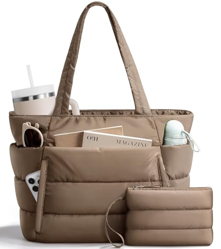 Bagstellar Puffer Tote Bag for Women, Lightweight Puffy Work Handbag Teacher Nurse Quilted Shoulder Bag for School Travel Gym