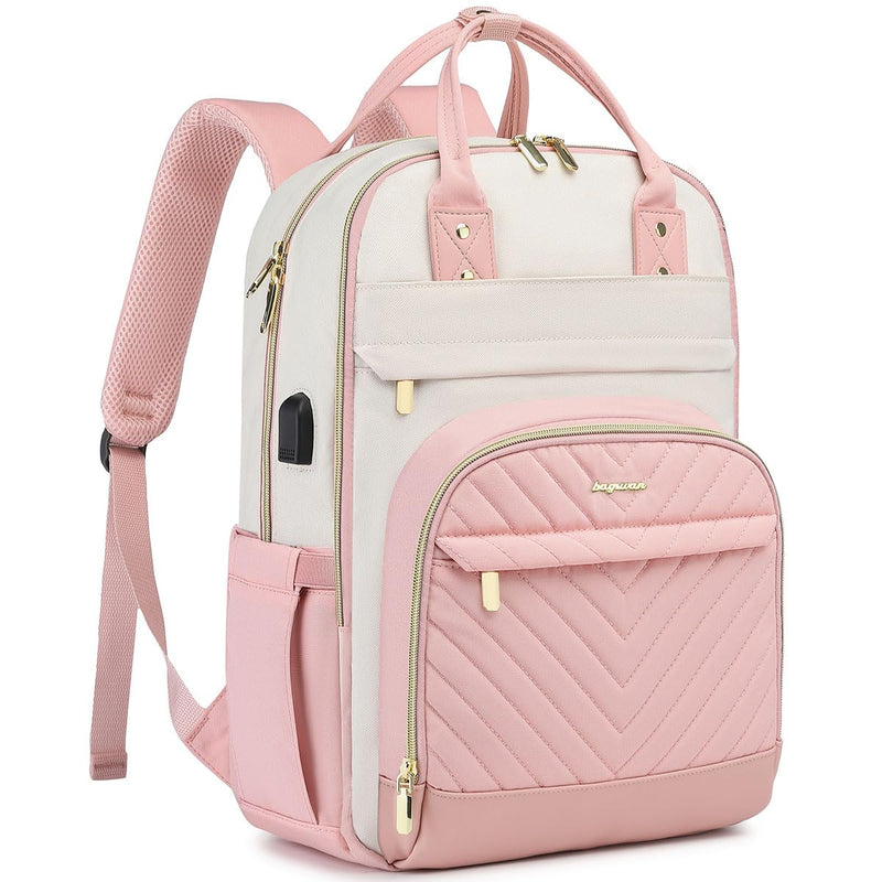 bagswan Laptop Backpack for Women Work - 15.6 Inch Travel Backpack Fashion Work Business Backpacks Purse Warterproof College Teacher Nurse Computer Daypack Beige Pink