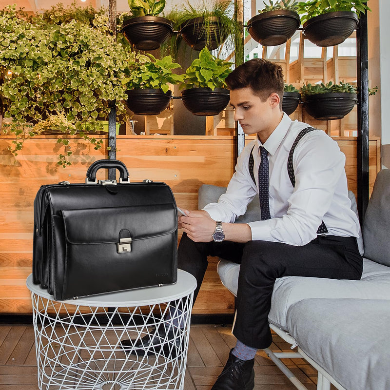 Banuce Leather Briefcase for Men with Lock Legal Attorney Lawyer Briefcase Doctor Bag Attache Case Large 15.6 Inch Laptop Bag for Work Business Travel Black