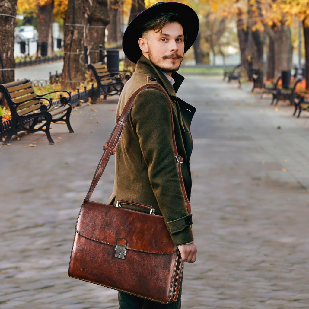 Banuce Vintage Full Grain Italian Leather Briefcase for Men 15.6 Inch Lawyer Briefcase with Lock Legal Attorney Bag with Luggage Strap Gradient Brown