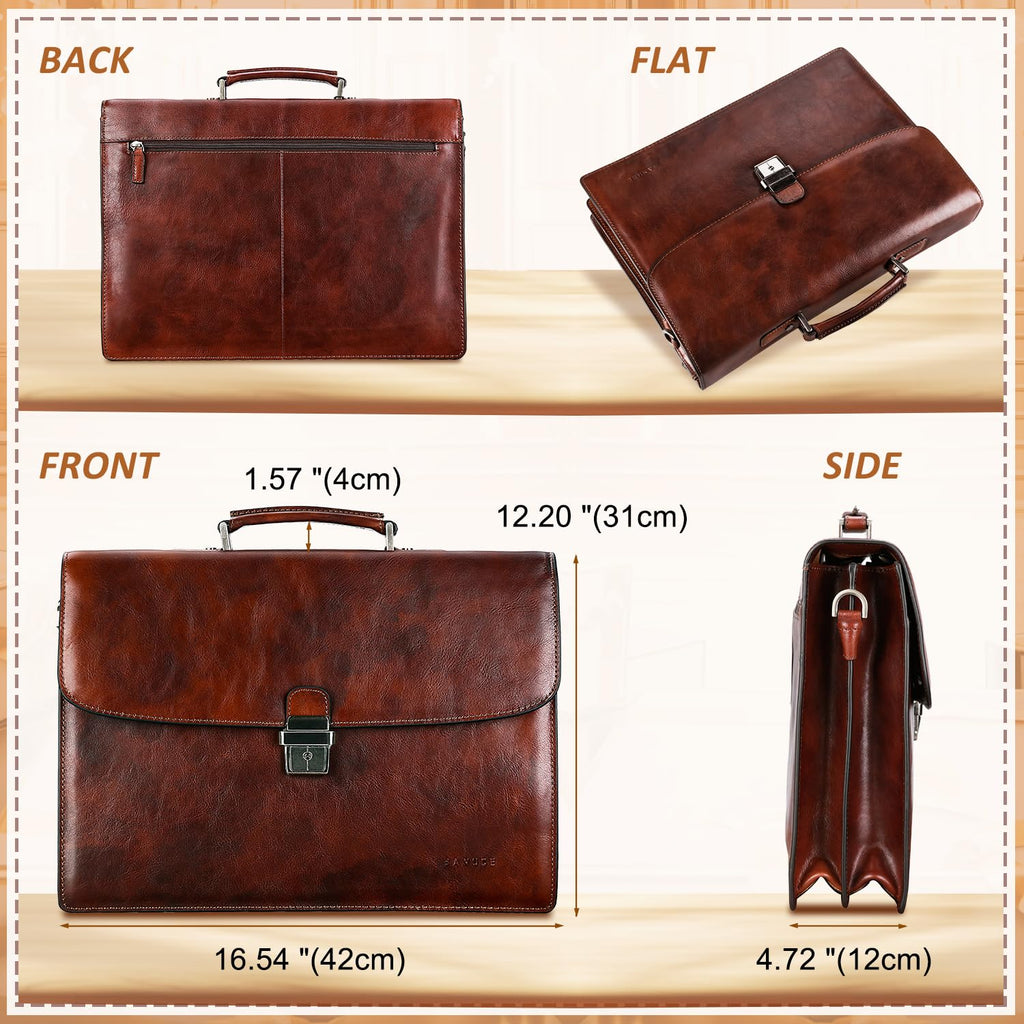 Banuce Vintage Full Grain Italian Leather Briefcase for Men 15.6 Inch Lawyer Briefcase with Lock Legal Attorney Bag with Luggage Strap Gradient Brown