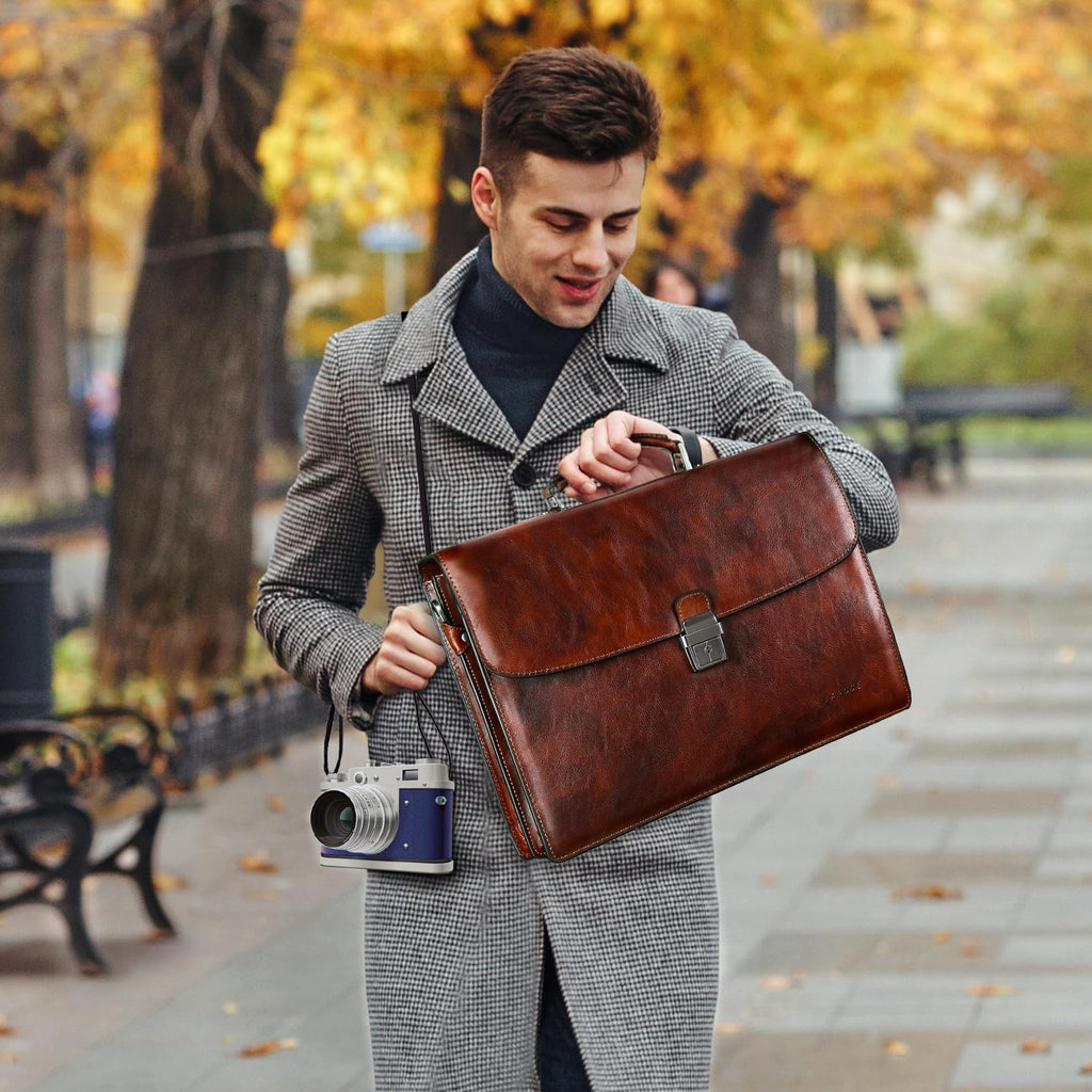 Banuce Vintage Full Grain Italian Leather Briefcase for Men 15.6 Inch Lawyer Briefcase with Lock Legal Attorney Bag with Luggage Strap Gradient Brown