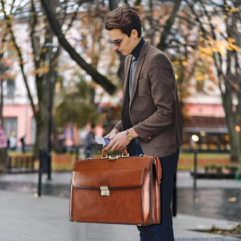 Banuce Vintage Leather Briefcase for Men 15.6 Inch Legal Attorney Lawyer Briefcase Doctor Bag for Office Work Business Travel with Lock Brown