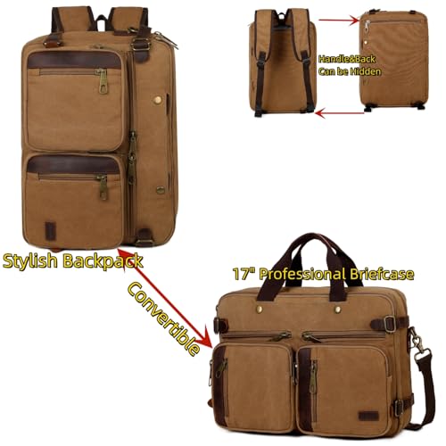 Baosha Real Leather Canvas Laptop Briefcase Backpack Hybrid Large 17 inch Laptop bag Waterproof for Men HB-22 (Brown)