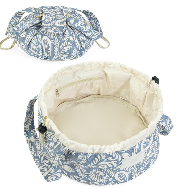 Barrel Drawstring Makeup Bag Large Cosmetic Bag Make up Bags Toiletry Organizer for Women (Blue Leaf) (Patent)