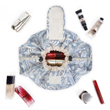 Barrel Drawstring Makeup Bag Large Cosmetic Bag Make up Bags Toiletry Organizer for Women (Blue Leaf) (Patent)