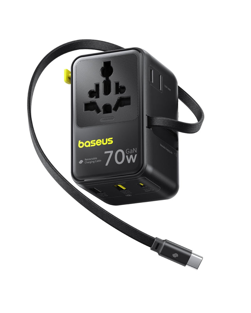 Baseus 70W Universal Travel Adapter, 6 - in - 1 International Plug Adapter with Retractable Cable, USB - C PD Fast Charging Worldwide Wall Charger for USA/EU/UK/AUS and Over 200 Countries - Enercore CG11