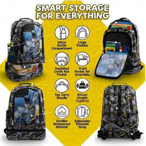 Batman Kids Backpack with Insulated Lunch Pocket for School & Travel