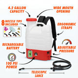 Battery Powered Backpack Sprayer - 4.2 Gallon, 8 Nozzles, 100PSI Cutoff, Long Battery Life, Wide Mouth, High - Pressure Spray Hose, Trigger Lock, Pressure Knob Controller