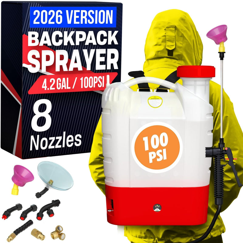 Battery Powered Backpack Sprayer - 4.2 Gallon, 8 Nozzles, 100PSI Cutoff, Long Battery Life, Wide Mouth, High - Pressure Spray Hose, Trigger Lock, Pressure Knob Controller