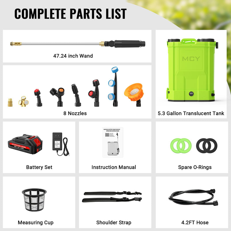 Battery Powered Backpack Sprayer 5.3 Gallon 20L,MCY 100 PSI Electric Graden Sprayer Work,Weed Yard Sprayer with 21V Strong Battery,8 Nozzles,Telescopic Wand,2.6Ah Battery and Chargers Included