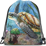 Beabes Watercolor Sea Turtle Drawstring Bags Backpack Bag Ocean Theme Color Animals Swimming Underwater Reef Coral Life Sport Gym Sack Drawstring Bag String Bag Yoga Bag for Men Women