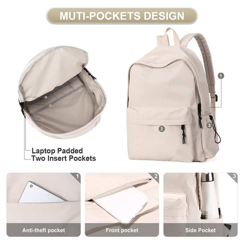 Beige School Backpack for Girls Water Resistant High School Book Bag Simple Backpack for Teens Boys Girls, Lightweight Middle School Back Pack Daypack