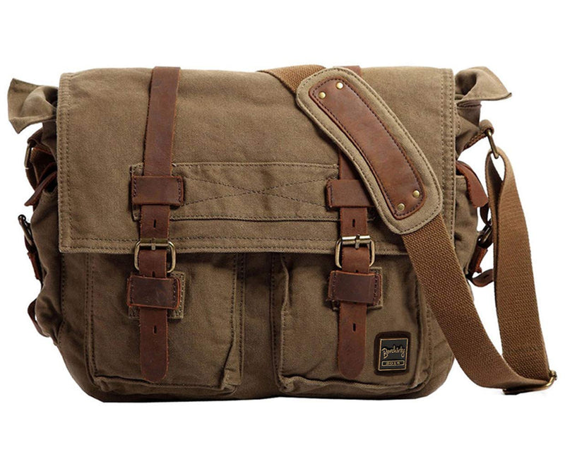 Berchirly Mens Military Canvas Messenger Bag Crossbody College Shoulder Bags Sling Satchel For 17.3Inch Laptop