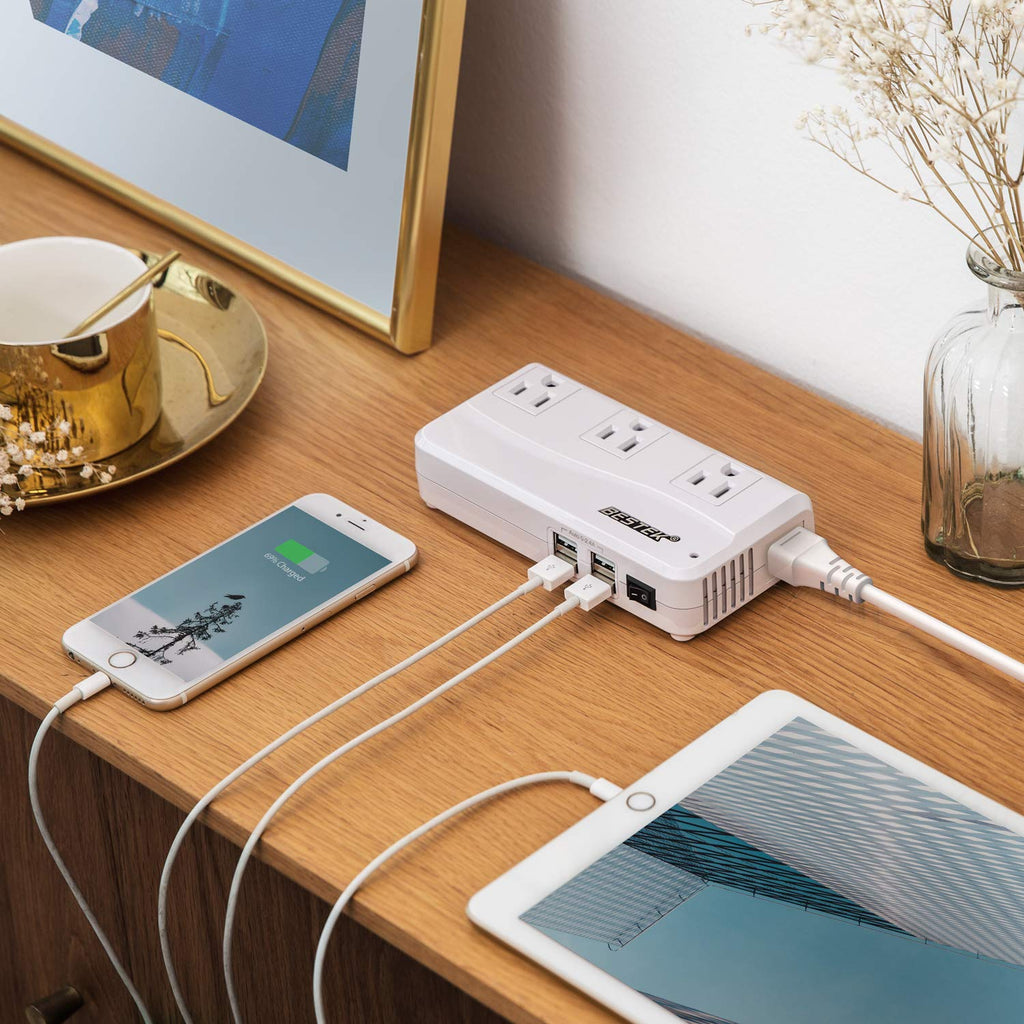 BESTEK Universal Travel Adapter 220V to 110V Voltage Converter with 0 - 2.4A 4 Port USB Charging and UK/AU/US/EU Worldwide Plug Adapter (White)