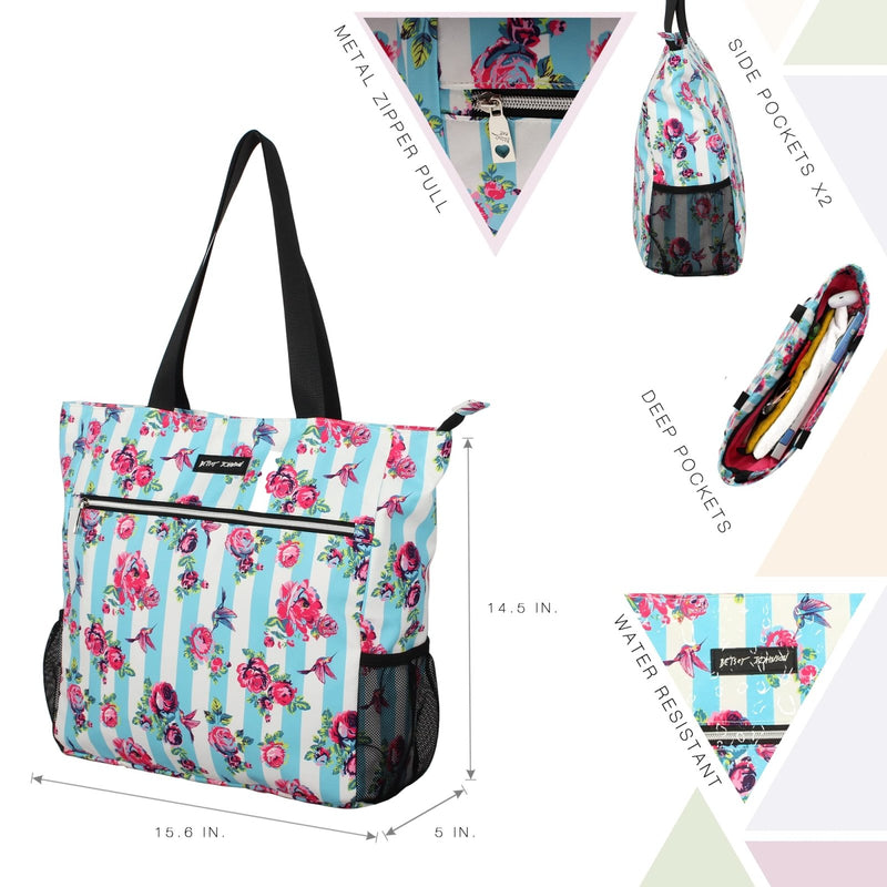 Betsey Johnson 15.6 Inch Zipper Beach Tote Bag Lightweight Large Durable Polyester with Mesh Side Pockets for Gym Work, Hummingbird Floral