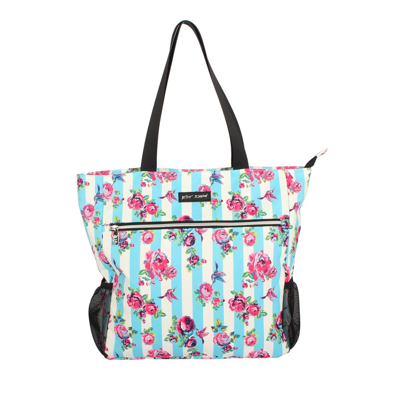 Betsey Johnson 15.6 Inch Zipper Beach Tote Bag Lightweight Large Durable Polyester with Mesh Side Pockets for Gym Work, Hummingbird Floral