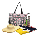 Betsey Johnson 15.6 Inch Zipper Beach Tote Bag Lightweight Large Durable Polyester with Mesh Side Pockets for Gym Work, Stripe Roses