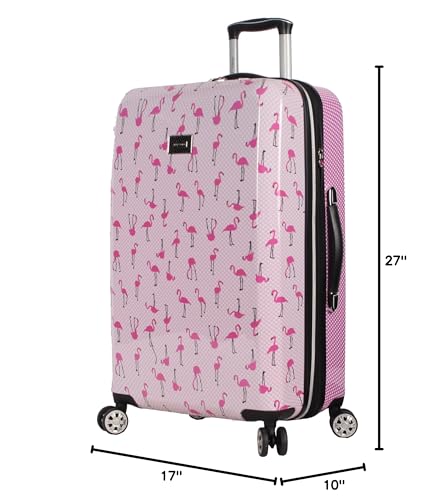 Betsey Johnson 26 Inch Checked Luggage Collection - Expandable Scratch Resistant (ABS + PC) Hardside Suitcase - Designer Lightweight Bag with 8 - Rolling Spinner Wheels (Flamingo Strut)