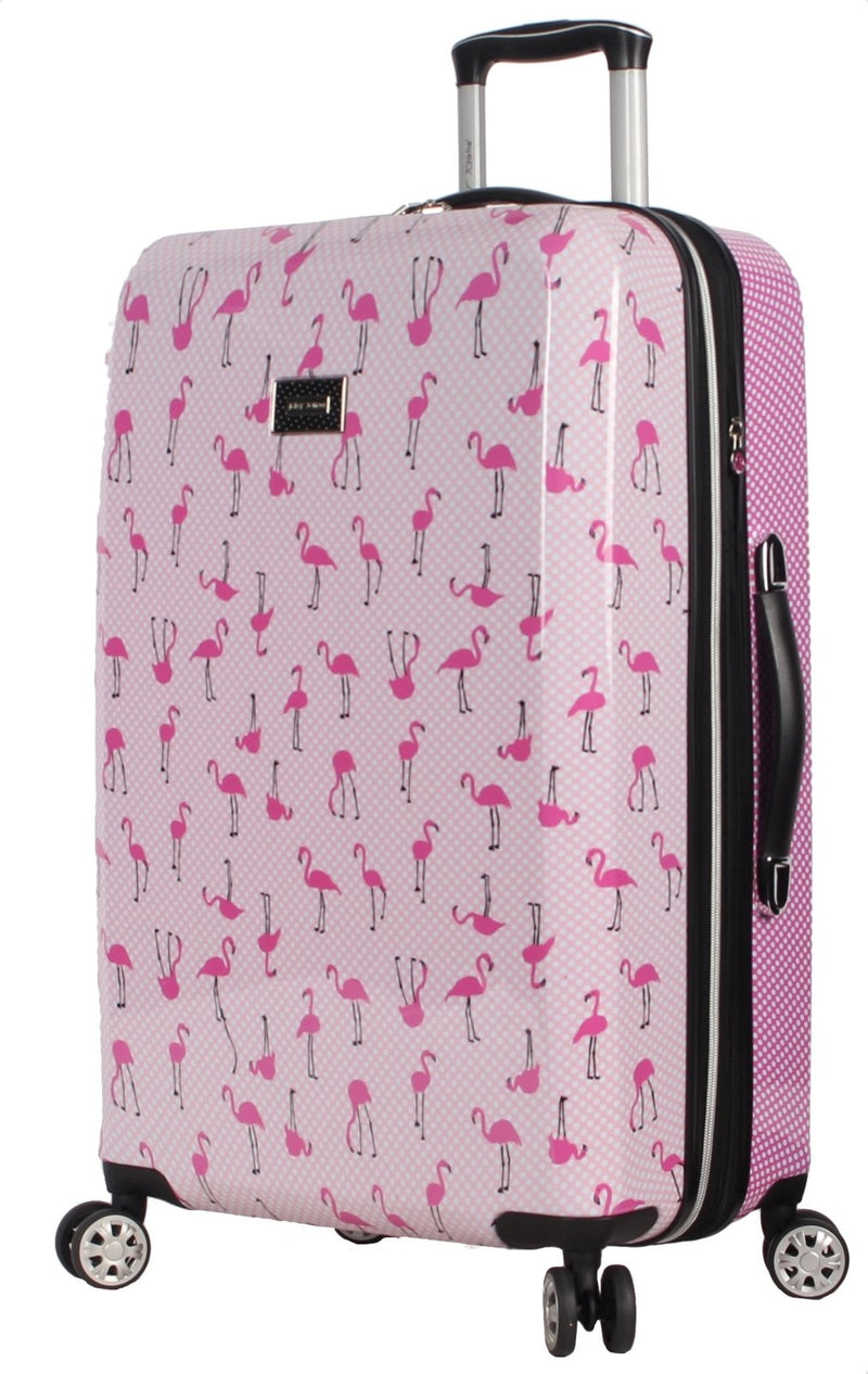 Betsey Johnson 26 Inch Checked Luggage Collection - Expandable Scratch Resistant (ABS + PC) Hardside Suitcase - Designer Lightweight Bag with 8 - Rolling Spinner Wheels (Flamingo Strut)