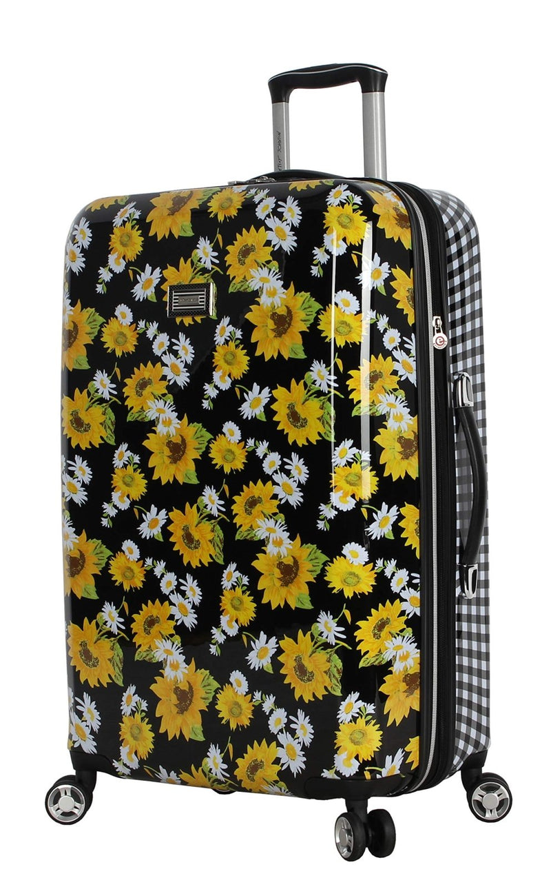 Betsey Johnson 26 Inch Checked Luggage Collection - Expandable Scratch Resistant (ABS + PC) Hardside Suitcase - Designer Lightweight Bag with 8 - Rolling Spinner Wheels (Sunflower)