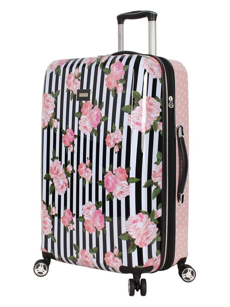 Betsey Johnson 26 Inch Checked Luggage Collection - Expandable Scratch Resistant (ABS + PC) Hardside Suitcase - Designer Lightweight Bag with 8 - Rolling Spinner Wheels (Stripe Roses)