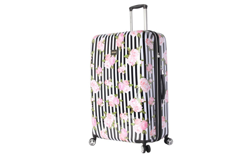 Betsey Johnson 30 Inch Checked Luggage Collection - Expandable Scratch Resistant (ABS + PC) Hardside Suitcase - Designer Lightweight Bag with 8 - Rolling Spinner Wheels (Stripe Roses, 30in)