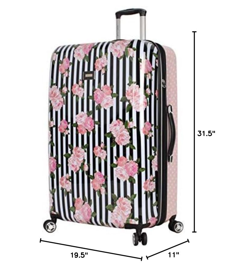 Betsey Johnson 30 Inch Checked Luggage Collection - Expandable Scratch Resistant (ABS + PC) Hardside Suitcase - Designer Lightweight Bag with 8 - Rolling Spinner Wheels (Stripe Roses, 30in)