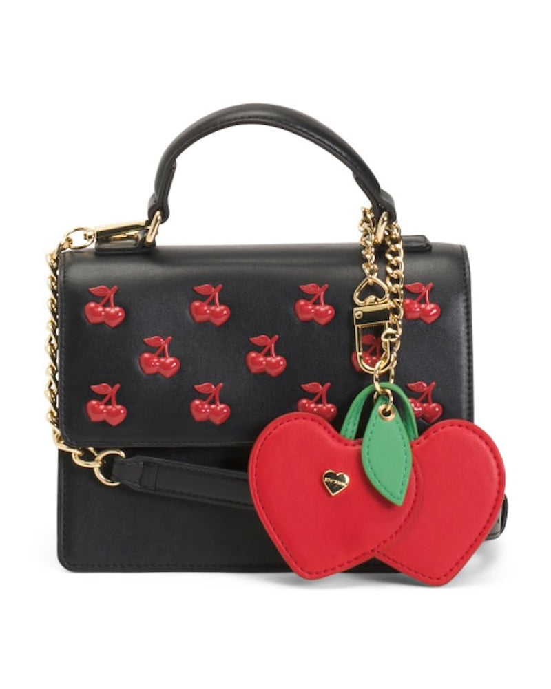 Betsey Johnson Crossbody Bag with Attached Charm, Black with Red Cherry Studs, Dual Compartment, Adjustable Strap, 8x6 Inch