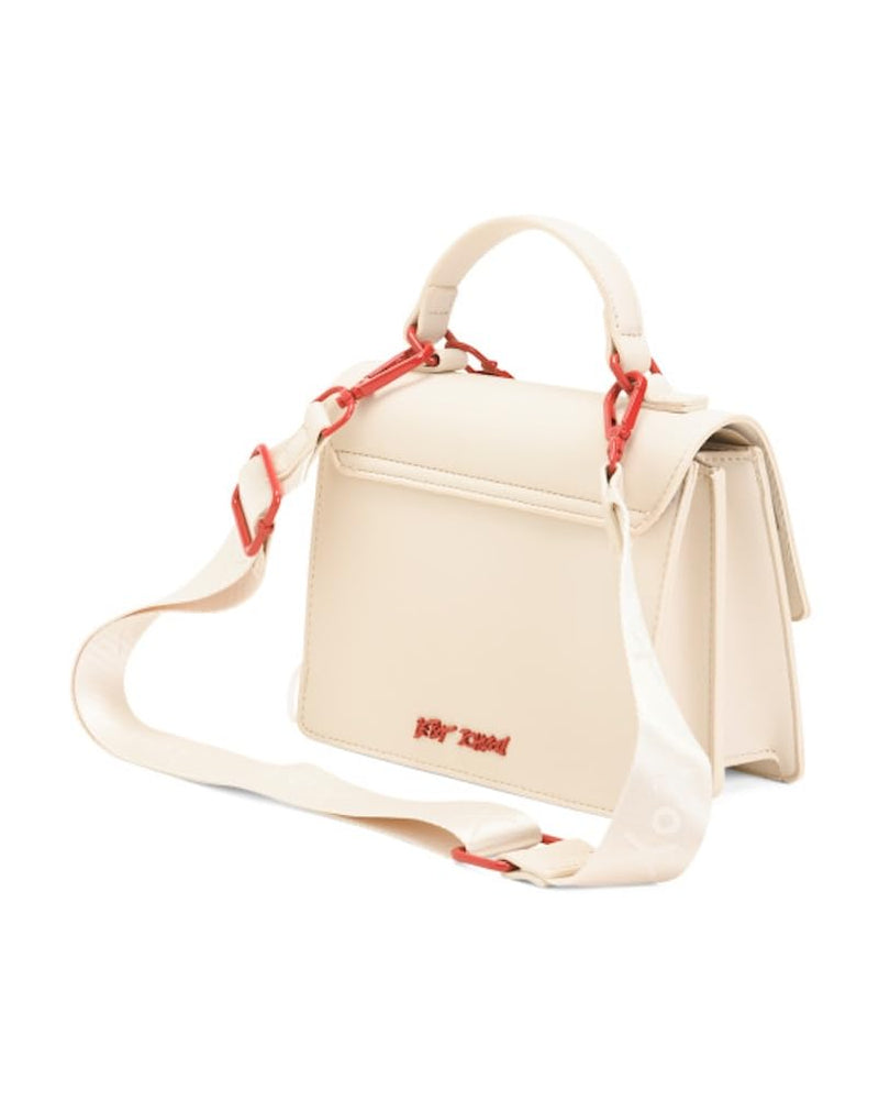 Betsey Johnson Crossbody Bag with Attached Charm, Cream with Red Cherry Studs, Dual Compartment, Adjustable Strap, 8x6 Inch