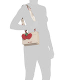 Betsey Johnson Crossbody Bag with Attached Charm, Cream with Red Cherry Studs, Dual Compartment, Adjustable Strap, 8x6 Inch