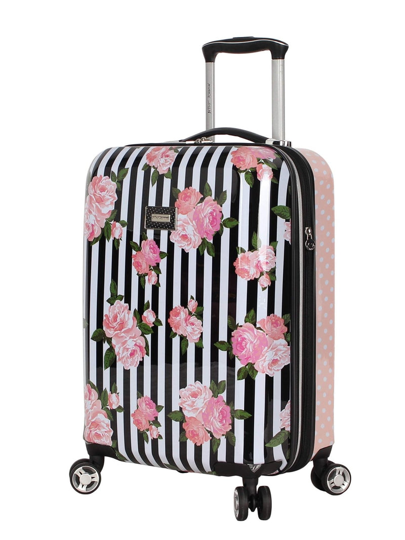 Betsey Johnson Designer 20 Inch Carry On - Expandable (ABS + PC) Hardside Luggage - Lightweight Durable Suitcase With 8 - Rolling Spinner Wheels for Women (Stripe Roses)