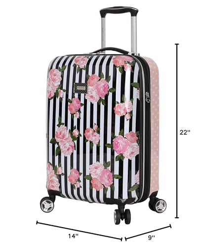 Betsey Johnson Designer 20 Inch Carry On - Expandable (ABS + PC) Hardside Luggage - Lightweight Durable Suitcase With 8 - Rolling Spinner Wheels for Women (Stripe Roses)