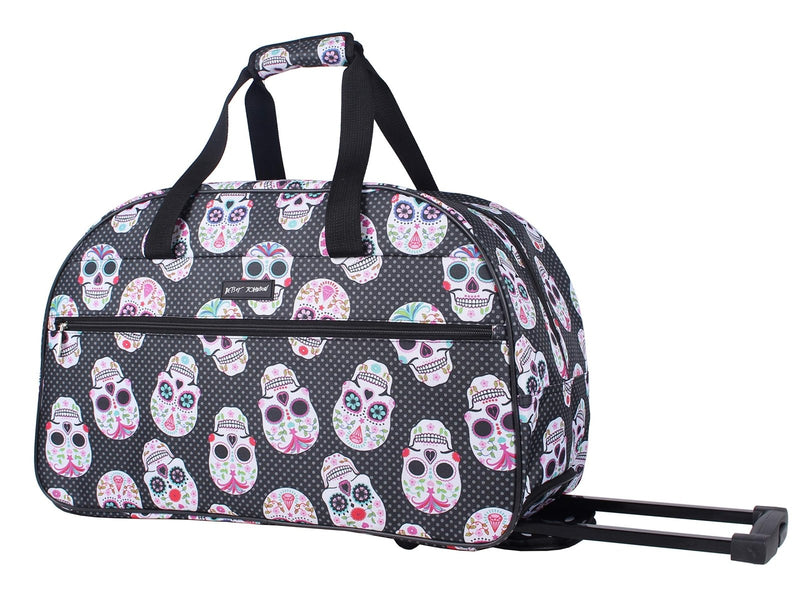 Betsey Johnson Designer Carry On Luggage Collection - Lightweight Pattern 22 Inch Duffel Bag - Weekender Overnight Business Travel Suitcase with 2 - Rolling Spinner Wheels (Skull Party)