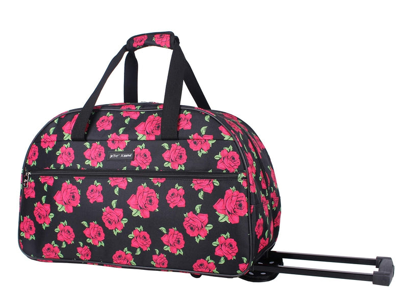 Betsey Johnson Designer Carry On Luggage Collection - Lightweight Pattern 22 Inch Duffel Bag - Weekender Overnight Business Travel Suitcase with 2 - Rolling Wheels (Covered Roses)