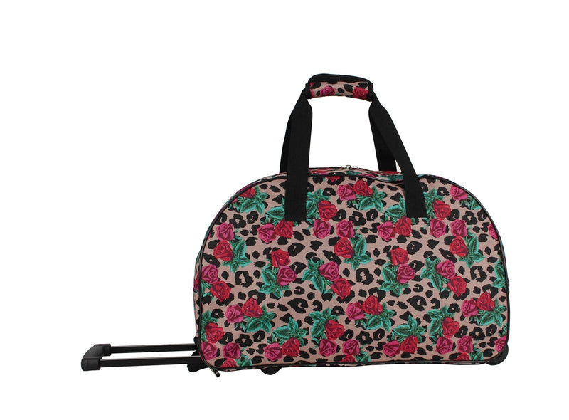 Betsey Johnson Designer Carry On Luggage Collection - Lightweight Pattern 22 Inch Duffel Bag - Weekender Overnight Business Travel Suitcase with 2 - Rolling Wheels (One Size, Leopard Rose)