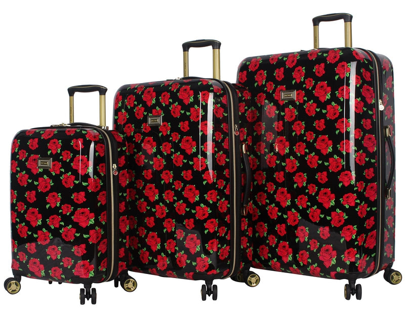 Betsey Johnson Designer Luggage Collection - Expandable 3 Piece Hardside Lightweight Spinner Suitcase Set - Travel Set includes 20 - Inch Carry On, 26 inch and 30 - Inch Checked Suitcase (Covered Roses)