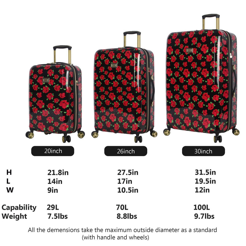 Betsey Johnson Designer Luggage Collection - Expandable 3 Piece Hardside Lightweight Spinner Suitcase Set - Travel Set includes 20 - Inch Carry On, 26 inch and 30 - Inch Checked Suitcase (Covered Roses)