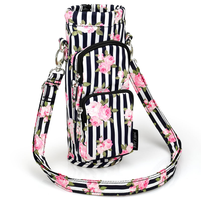 Betsey Johnson Insulated Water Bottle Pouch Holder Carrier Crossbag with Adjustable Shoulder Strap - Lightweight Polyester Accessories with Pockets Good for Hiking Travelling Sports(Stripe Roses)