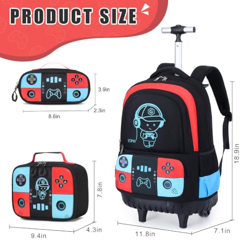 Bevalsa Rolling Backpack for Boys,Cool Luminous Gamer Roller School Backpacks with Lunch Box & Pencil Case,Kids Wheeled Schoolbag Bookbag with Wheels for Kindergarten Elementary School Travel