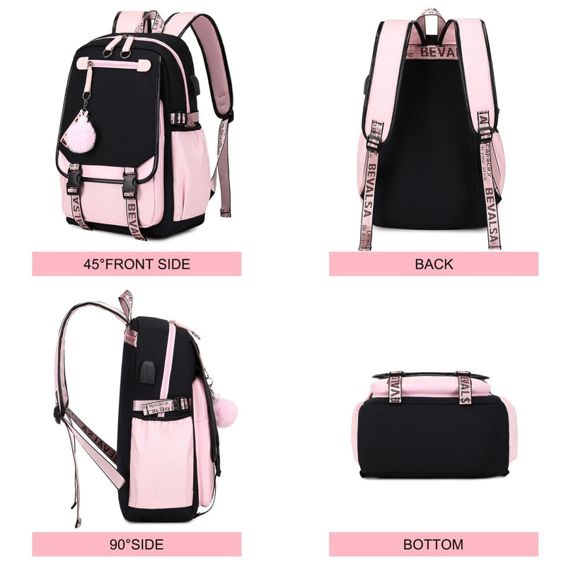 Bevalsa School Backpack for Girls, Backpack with Lunch Box & Pen Case, Bookbag for Girls Kids Elementary Middle High School Student 21L Children Schoolbag