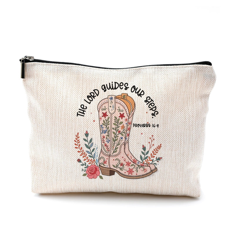 BILLAION Christian Western Cowgirl Makeup Bag, Proverbs 16:9 Bible Verse Cosmetic Bags, Western Gifts for Women, Floral Cowgirl Boots Scripture Makeup Zipper Pouch