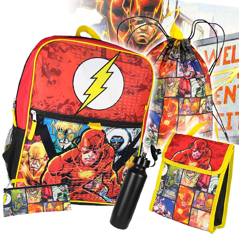 Bioworld DC Comics The Flash 16" Backpack Cinch Bag Water Bottle Lunch Tote 5 Pc Set