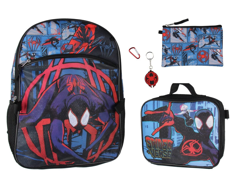 Bioworld Spiderman Backpack Miles Morales Lunch Box Key Chain Pencil Case Carabiner 5 pc Set