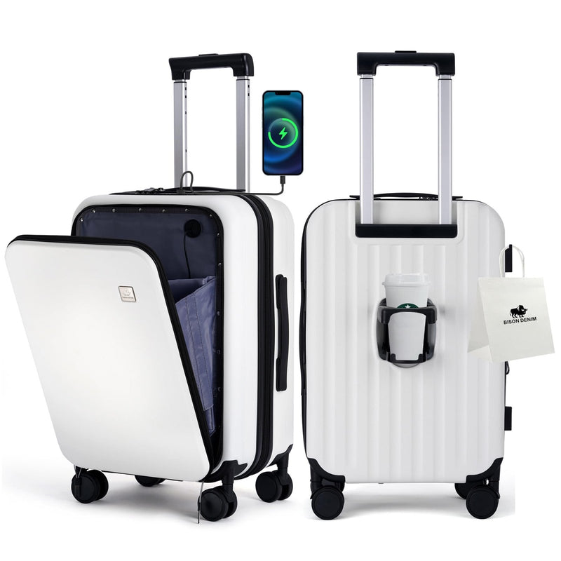 BISON DENIM 20 Inch Carry On Luggage, PC Lightweight Hardside Expandable Carry - On Luggage Airline Approved With Spinner Wheels, Front Compartment, Cup Holde, TSA - approved Lock, USB Port