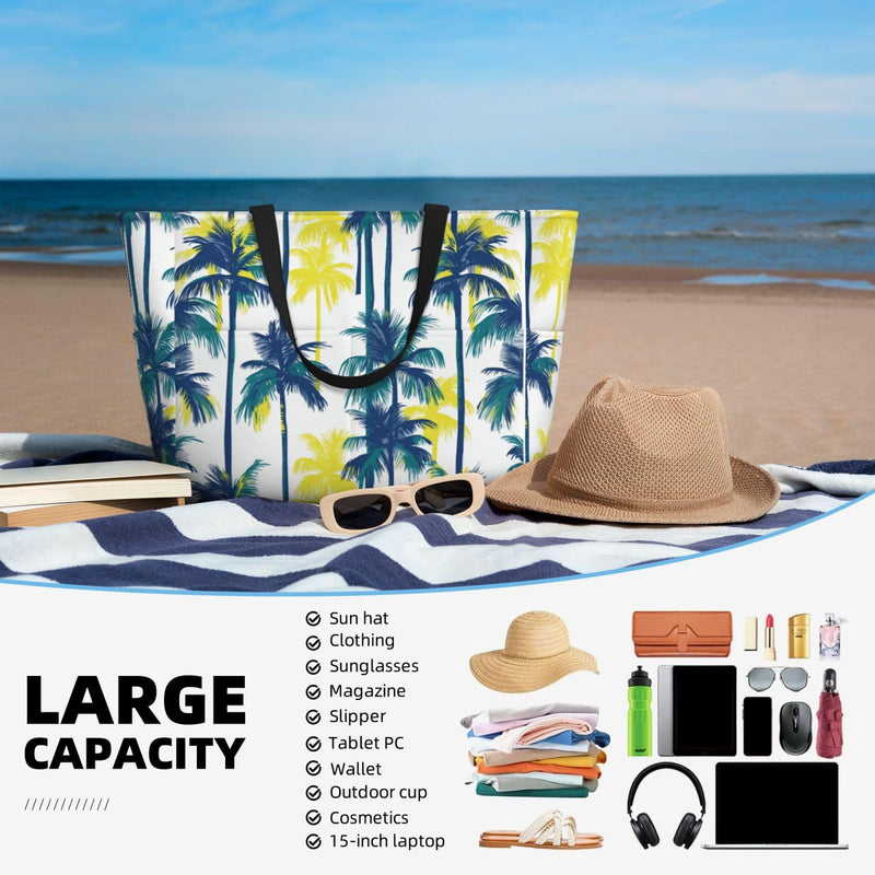 BJQ Beach Tote Bag for Women Palm Trees Pattern Beach Bag Waterproof and Sandproof Pool Tote Bag with Wet Bag Cute Large Cruise Travel Bag for Weekend Travel